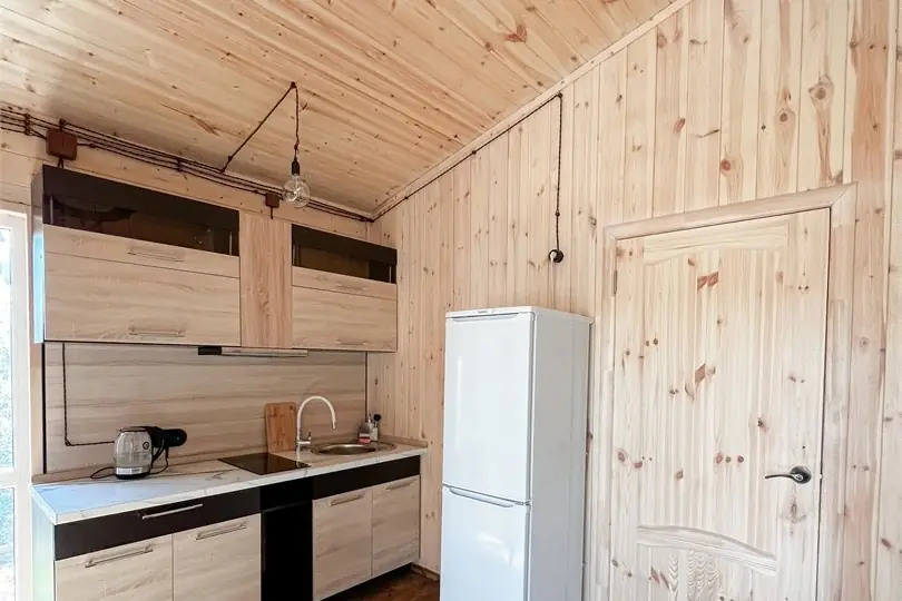 Кухня домика с холодильником и варочной панелью